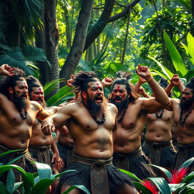 A powerful scene capturing a group of muscular Maori warriors performing a haka in a vibrant jungle setting