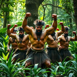 A powerful scene capturing a group of muscular Maori warriors performing a haka in a vibrant jungle setting