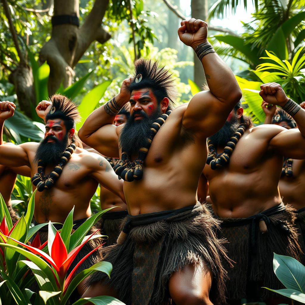 A powerful scene capturing a group of muscular Maori warriors performing a haka in a vibrant jungle setting