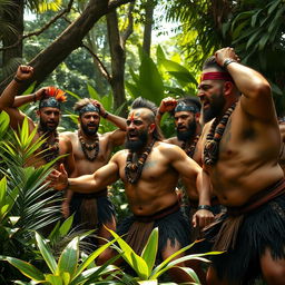 A powerful scene capturing a group of muscular Maori warriors performing a haka in a vibrant jungle setting