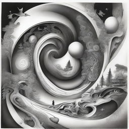 Generate an image of a surreal, monochrome pen drawing illustrating the fantastical life of an artist, involving a swirl of canvas, brushes, creations coming to life, and imaginative landscapes