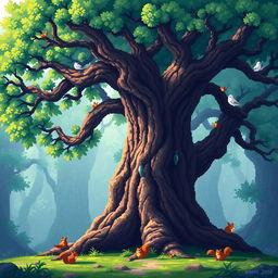 A detailed pixel art representation of an ancient tree, showcasing its gnarled bark and expansive canopy
