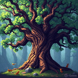 A detailed pixel art representation of an ancient tree, showcasing its gnarled bark and expansive canopy