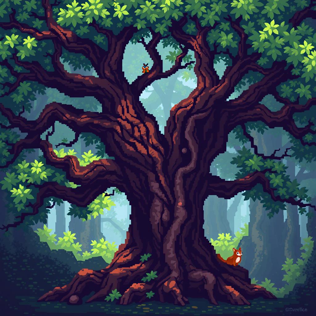 A detailed pixel art representation of an ancient tree, showcasing its gnarled bark and expansive canopy