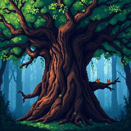 A detailed pixel art representation of an ancient tree, showcasing its gnarled bark and expansive canopy