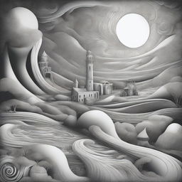 Generate an image of a surreal, monochrome pen drawing illustrating the fantastical life of an artist, involving a swirl of canvas, brushes, creations coming to life, and imaginative landscapes