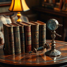 On an antique table, beautifully illuminated, there are four selected ancient books that are precious and exquisite
