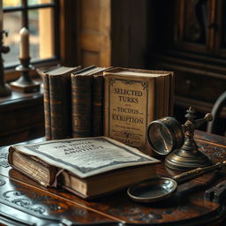 On an antique table, beautifully illuminated, there are four selected ancient books that are precious and exquisite