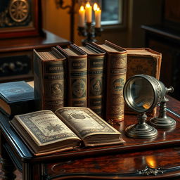 On an antique table, beautifully illuminated, there are four selected ancient books that are precious and exquisite