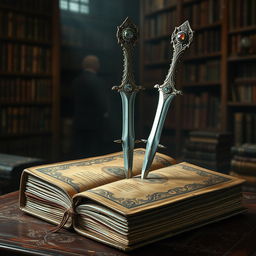 An ancient and precious book pierced by three long, slender steel daggers, each with intricately designed handles adorned with sparkling gemstones