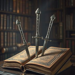An ancient and precious book pierced by three long, slender steel daggers, each with intricately designed handles adorned with sparkling gemstones