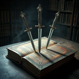 An ancient and precious book pierced by three long, slender steel daggers, each with intricately designed handles adorned with sparkling gemstones