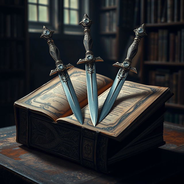 An ancient and precious book pierced by three long, slender steel daggers, each with intricately designed handles adorned with sparkling gemstones