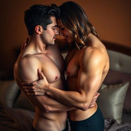 A sensual, intimate scene depicting two adults in a passionate embrace, soft lighting creating a warm atmosphere, their bodies slightly illuminated to highlight curves and muscles, with their faces close together as they share an intense gaze