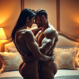 A sensual, intimate scene depicting two adults in a passionate embrace, soft lighting creating a warm atmosphere, their bodies slightly illuminated to highlight curves and muscles, with their faces close together as they share an intense gaze