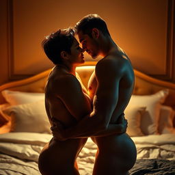 A sensual, intimate scene depicting two adults in a passionate embrace, soft lighting creating a warm atmosphere, their bodies slightly illuminated to highlight curves and muscles, with their faces close together as they share an intense gaze