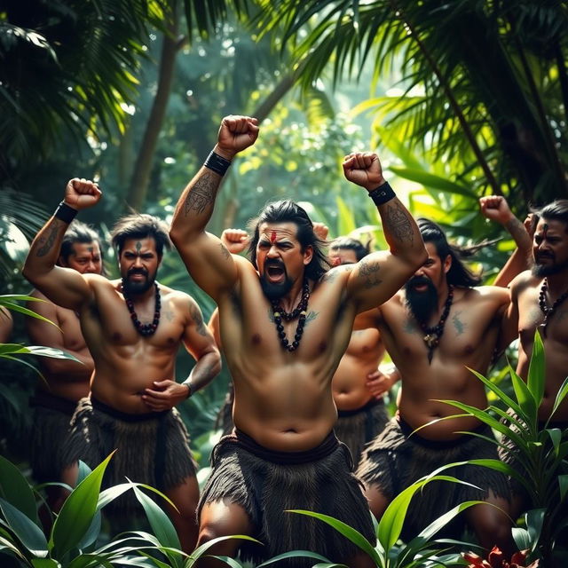 A powerful scene capturing a group of muscular Maori warriors performing a haka in a lush jungle setting, their bodies glistening and highlighted by the dappled sunlight filtering through the thick foliage