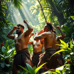 A powerful scene capturing a group of muscular Maori warriors performing a haka in a lush jungle setting, their bodies glistening and highlighted by the dappled sunlight filtering through the thick foliage