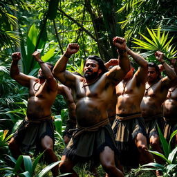 A powerful scene capturing a group of muscular Maori warriors performing a haka in a lush jungle setting, their bodies glistening and highlighted by the dappled sunlight filtering through the thick foliage