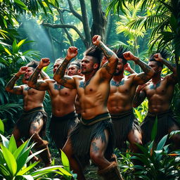 A powerful scene capturing a group of muscular Maori warriors performing a haka in a lush jungle setting, their bodies glistening and highlighted by the dappled sunlight filtering through the thick foliage