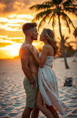 A romantic scene titled 'Foreign Lust' set on the beautiful Outer Banks island, featuring Rafe Cameron with a buzz cut and Sydney Sweeney