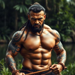 A powerful and artistic portrayal of a muscular Maori warrior in a dramatic pose, emphasizing strength and physicality