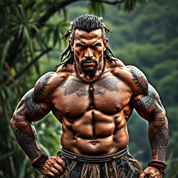 A powerful and artistic portrayal of a muscular Maori warrior in a dramatic pose, emphasizing strength and physicality
