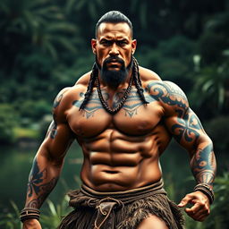 A powerful and artistic portrayal of a muscular Maori warrior in a dramatic pose, emphasizing strength and physicality
