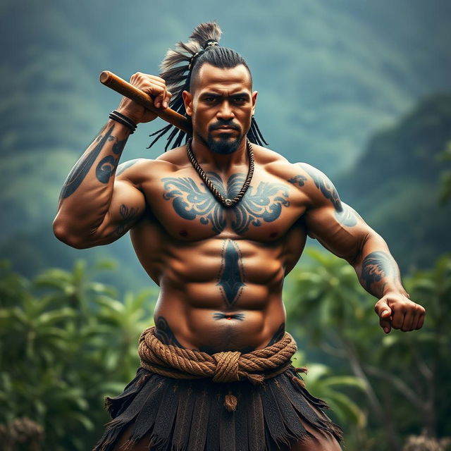 A powerful and artistic portrayal of a muscular Maori warrior in a dramatic pose, emphasizing strength and physicality