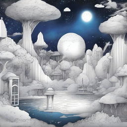 Generate a pen drawing of a dreamscape, full of floating islands, mystical creatures, starry skies and ethereal structures all coexisting in a mind-bending, dreamlike setting