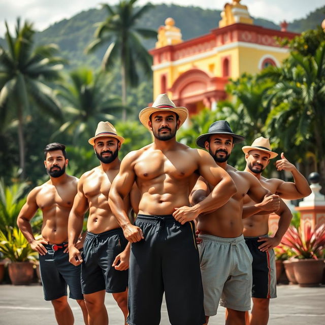 A striking image featuring a group of muscular Colombian men confidently showcasing their physiques