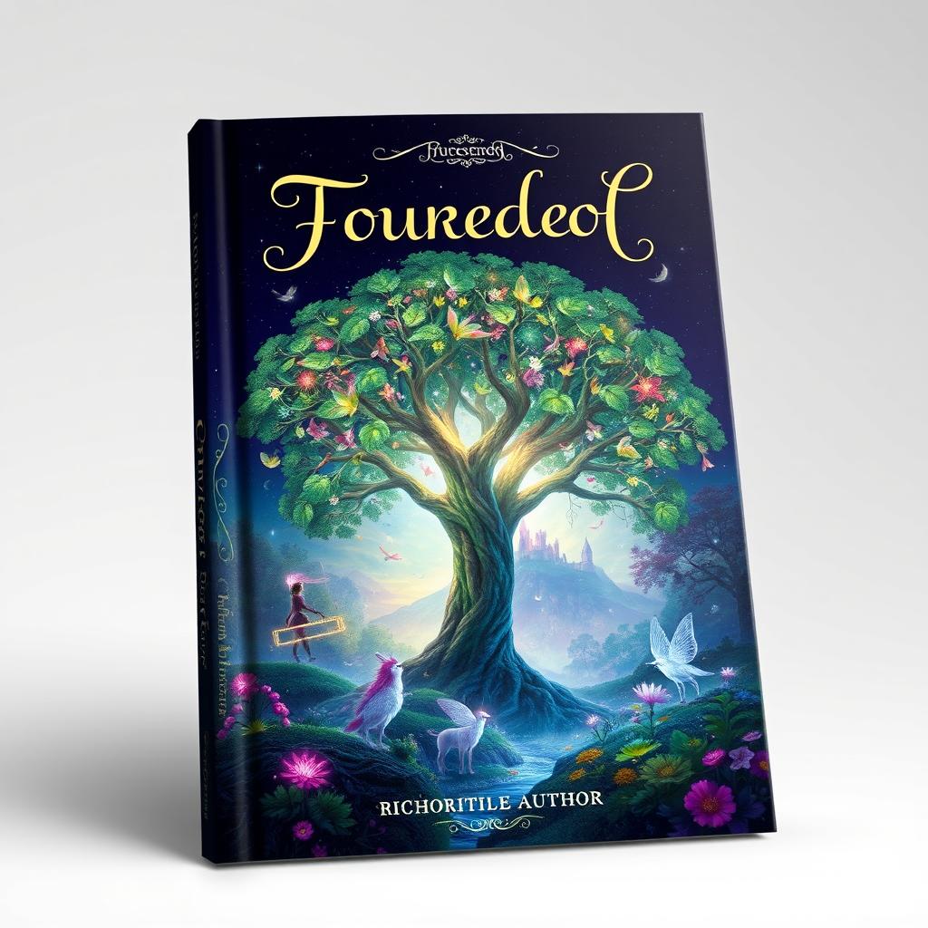 A visually stunning book cover featuring a magical forest filled with vibrant, otherworldly flora and fauna