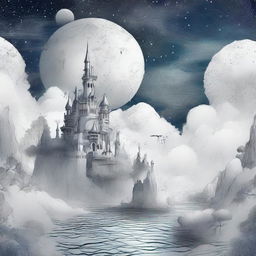 Generate a pen drawing of a dreamscape, full of floating islands, mystical creatures, starry skies and ethereal structures all coexisting in a mind-bending, dreamlike setting