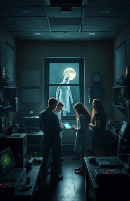 A mystical scene depicting a paranormal research laboratory filled with various ghost hunting equipment such as EMF meters, spirit boxes, and infrared cameras