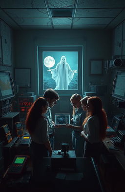 A mystical scene depicting a paranormal research laboratory filled with various ghost hunting equipment such as EMF meters, spirit boxes, and infrared cameras