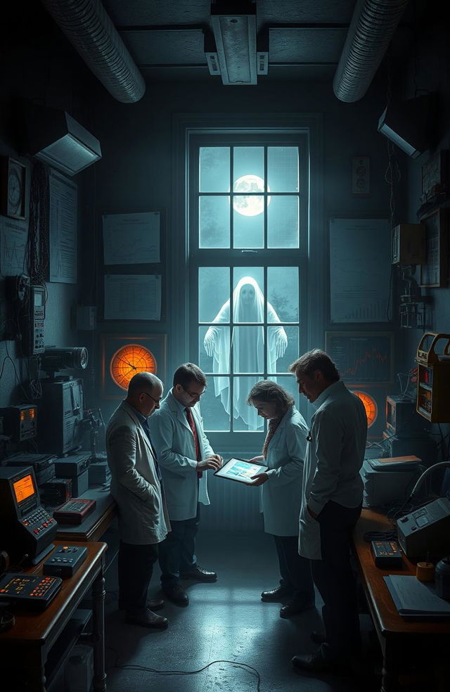 A mystical scene depicting a paranormal research laboratory filled with various ghost hunting equipment such as EMF meters, spirit boxes, and infrared cameras