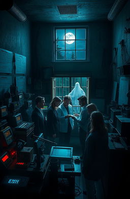 A mystical scene depicting a paranormal research laboratory filled with various ghost hunting equipment such as EMF meters, spirit boxes, and infrared cameras