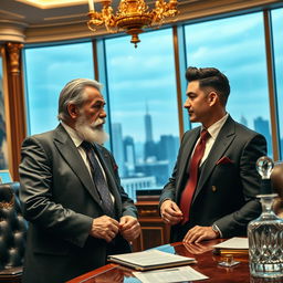 A dynamic scene featuring two wealthy magnates in an opulent office