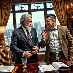 A dynamic scene featuring two wealthy magnates in an opulent office