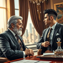 A dynamic scene featuring two wealthy magnates in an opulent office