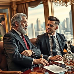 A dynamic scene featuring two wealthy magnates in an opulent office