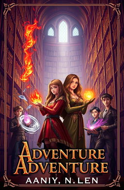 A captivating book cover for a fantasy adventure novel featuring a magical library filled with towering, ancient bookshelves