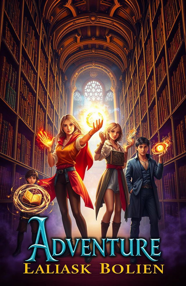 A captivating book cover for a fantasy adventure novel featuring a magical library filled with towering, ancient bookshelves