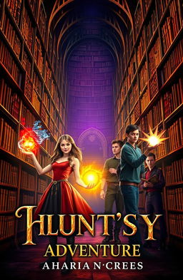 A captivating book cover for a fantasy adventure novel featuring a magical library filled with towering, ancient bookshelves