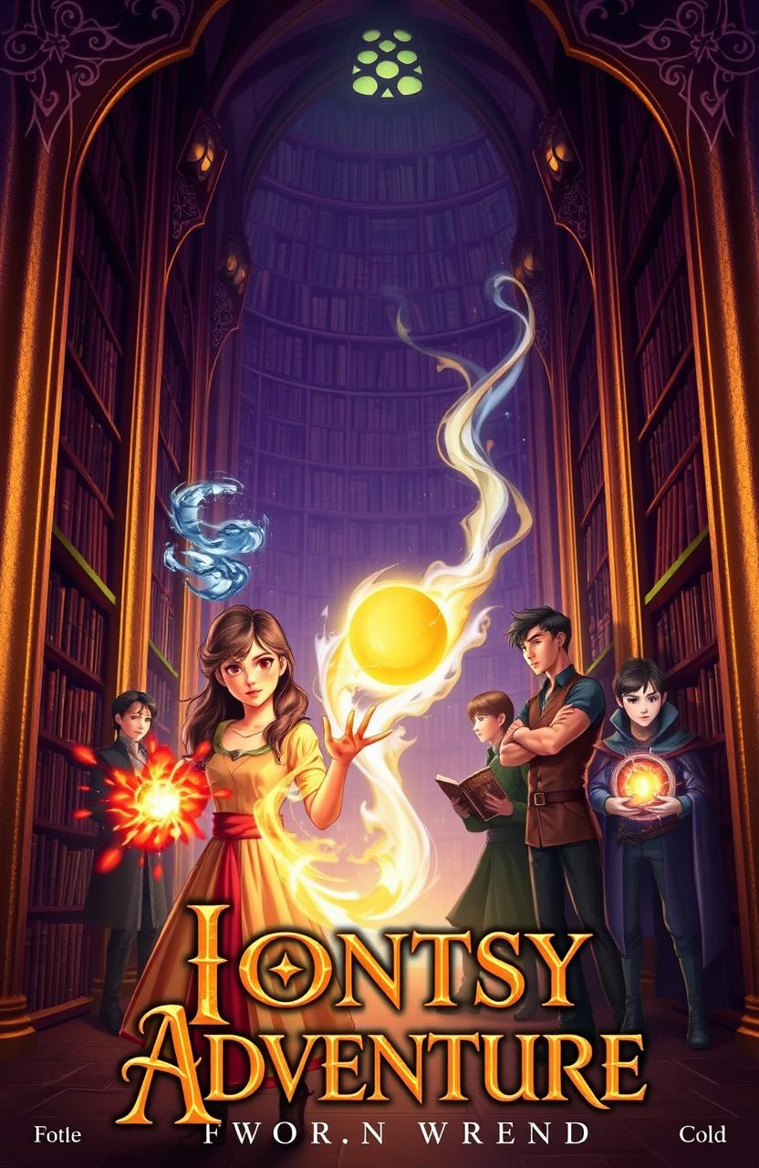 A captivating book cover for a fantasy adventure novel featuring a magical library filled with towering, ancient bookshelves