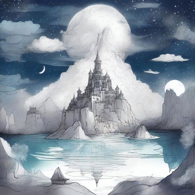 Generate a pen drawing of a dreamscape, full of floating islands, mystical creatures, starry skies and ethereal structures all coexisting in a mind-bending, dreamlike setting