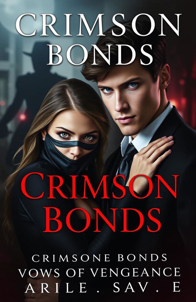 A captivating book cover titled 'Crimson Bonds: Vows of Vengeance', featuring a dark romantic theme