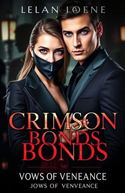 A captivating book cover titled 'Crimson Bonds: Vows of Vengeance', featuring a dark romantic theme