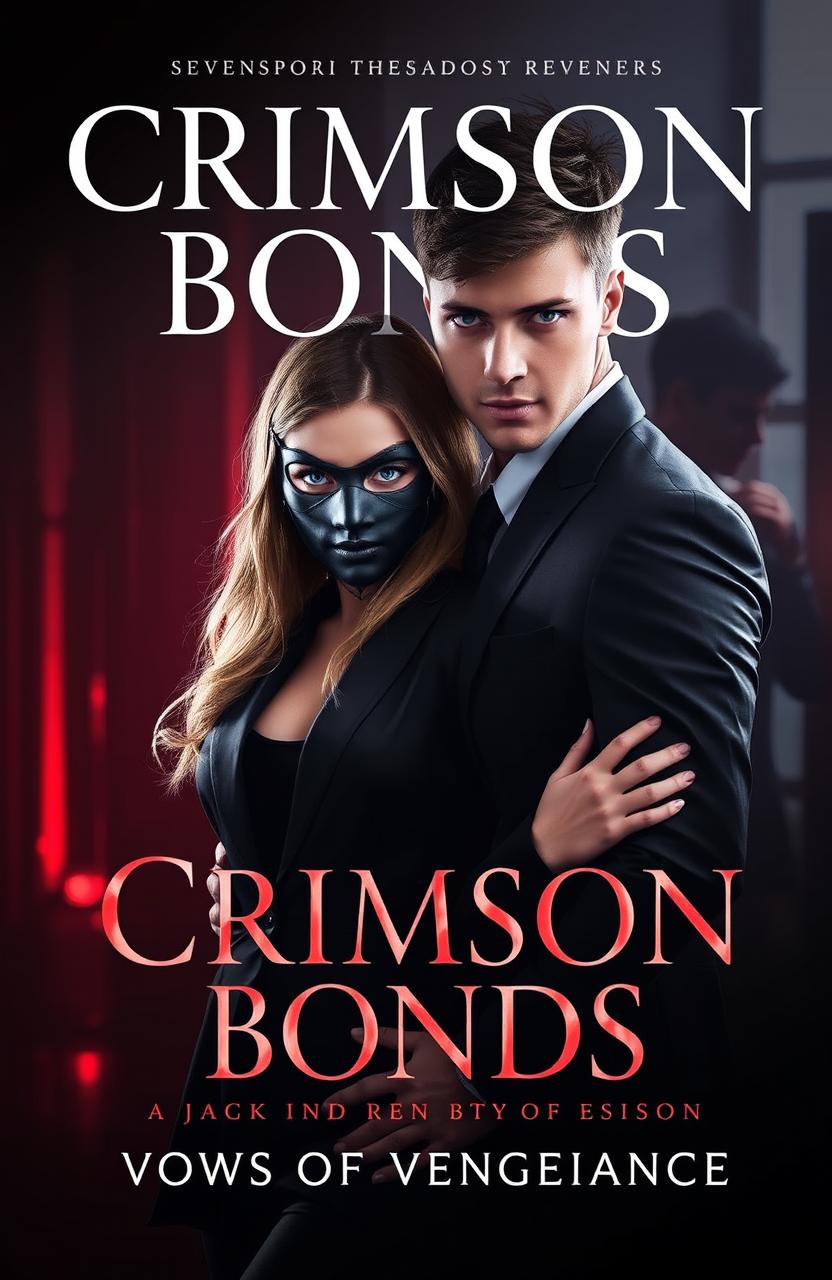 A captivating book cover titled 'Crimson Bonds: Vows of Vengeance', featuring a dark romantic theme