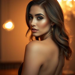 A close-up shot of a beautiful woman with a confident expression, accentuating her curves in a stylish outfit that emphasizes the elegance of her form